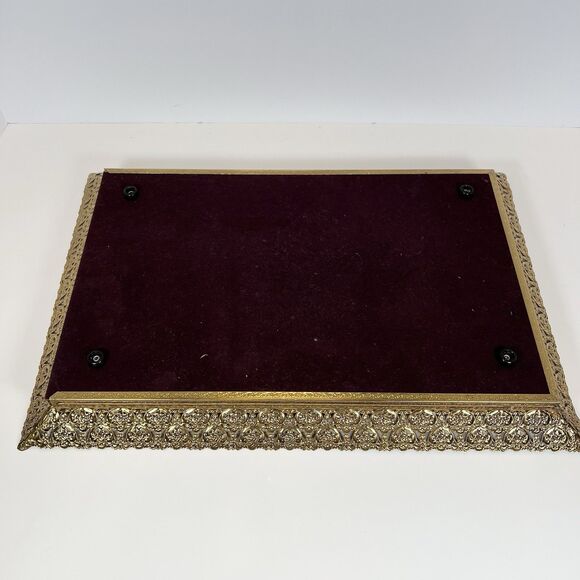 Mirrored Vanity Tray For Trinkets, Jewelry & Makeup With Brass Filigree VTG 16" - Picture 12 of 12